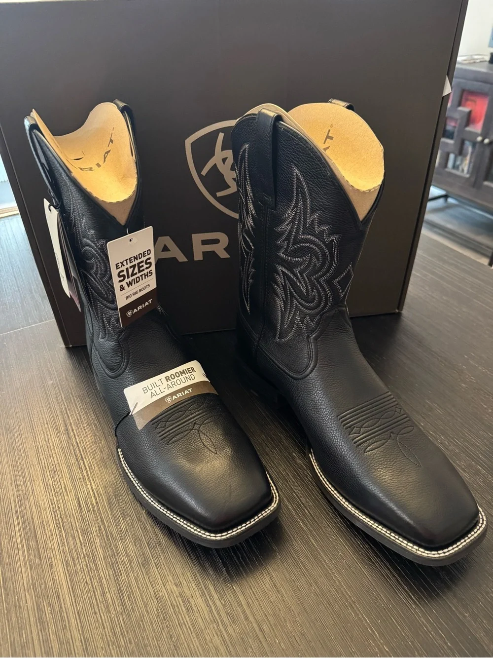 Ariat Black Leather Square-Toe Western Boots with Embroidered Shaft